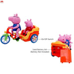 Toy set with Peppa Pig characters on a bike and cart, showing an on/off switch and battery compartment.