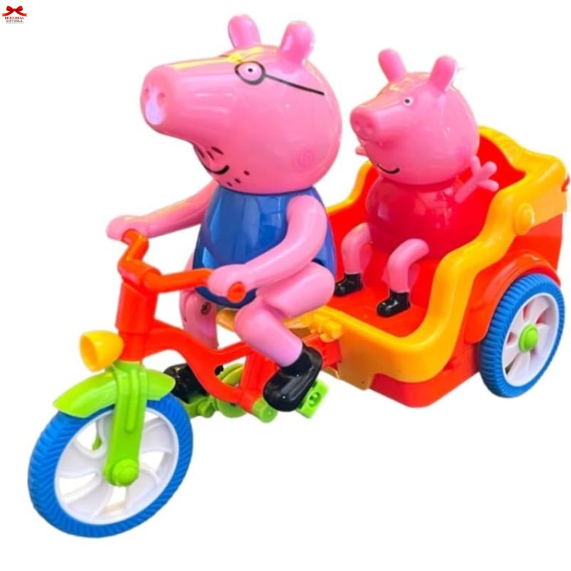 Toy figures of a pig and a sheep on a colorful toy bike with a sidecar.