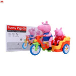 Toy set with three pink pig figures on a tricycle, including a box labeled 'Funny Pigs'.