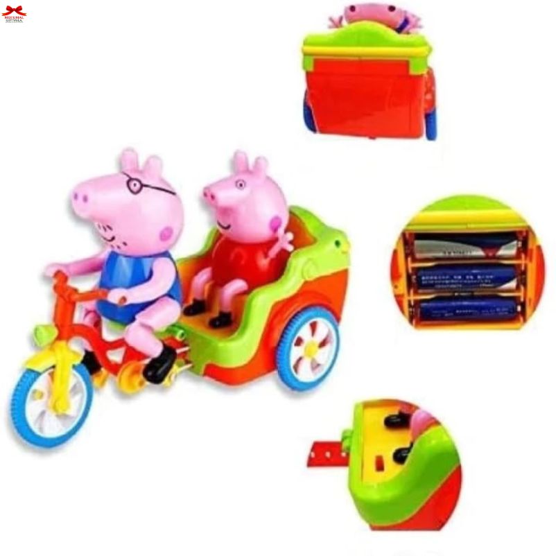Colorful toy set with Peppa Pig characters and a bicycle, on a white background.