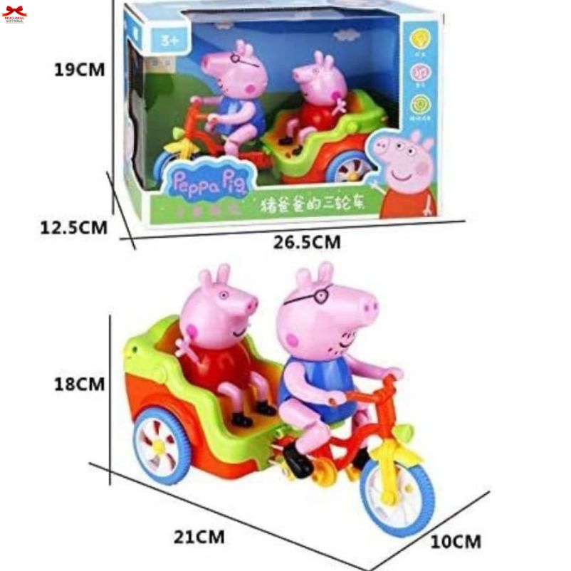 Peppa Pig toy set with tricycle and measurements on a white background