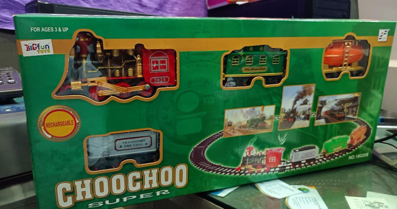Toy train set packaging with 'Choo Choo Super' branding on a blurred background