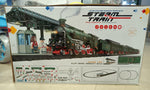 Box of a toy steam train set with colorful graphics and text.