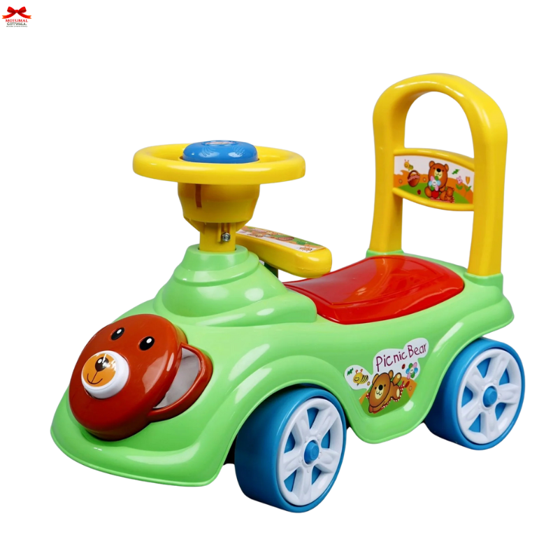 Colorful toy car with steering wheel and seat on a white background