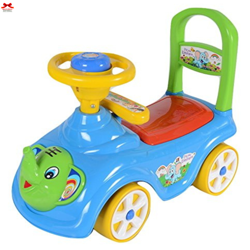 Colorful toy car with steering wheel and seat on a white background