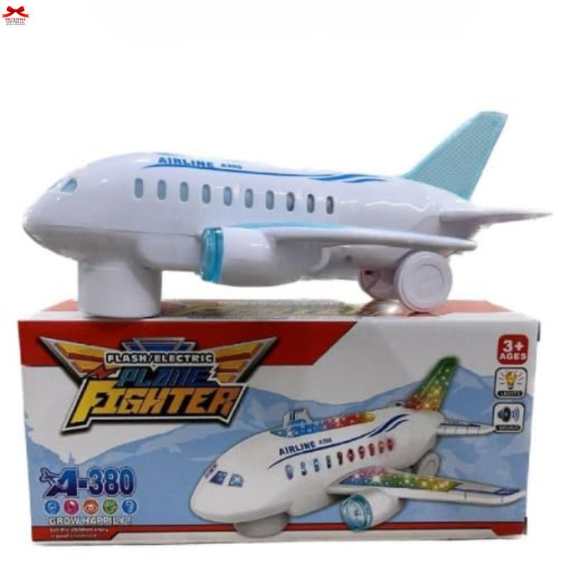 Toy airplane with flashing lights on a white background