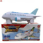 Toy airplane with flashing lights on a white background
