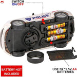 Model police car with battery compartment and switch labeled on a white background