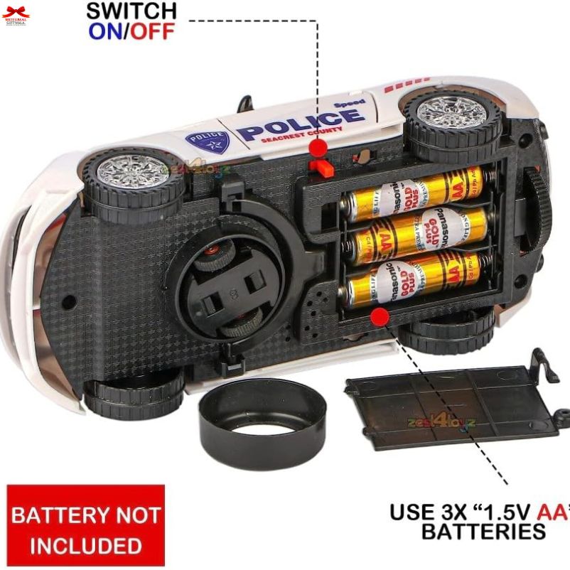Model police car with battery compartment and switch labeled on a white background