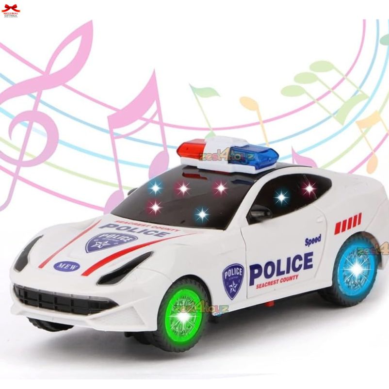Toy police car with lights and sounds on a white background