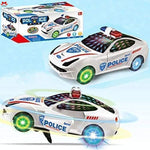 Toy police car with lights and sounds next to its packaging on a light blue background