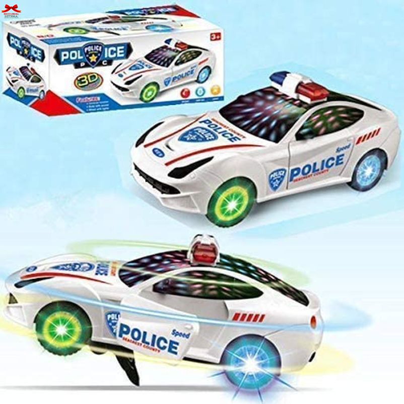 Toy police car with lights and sounds next to its packaging on a light blue background