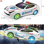 Toy police car with dimensions and cityscape background