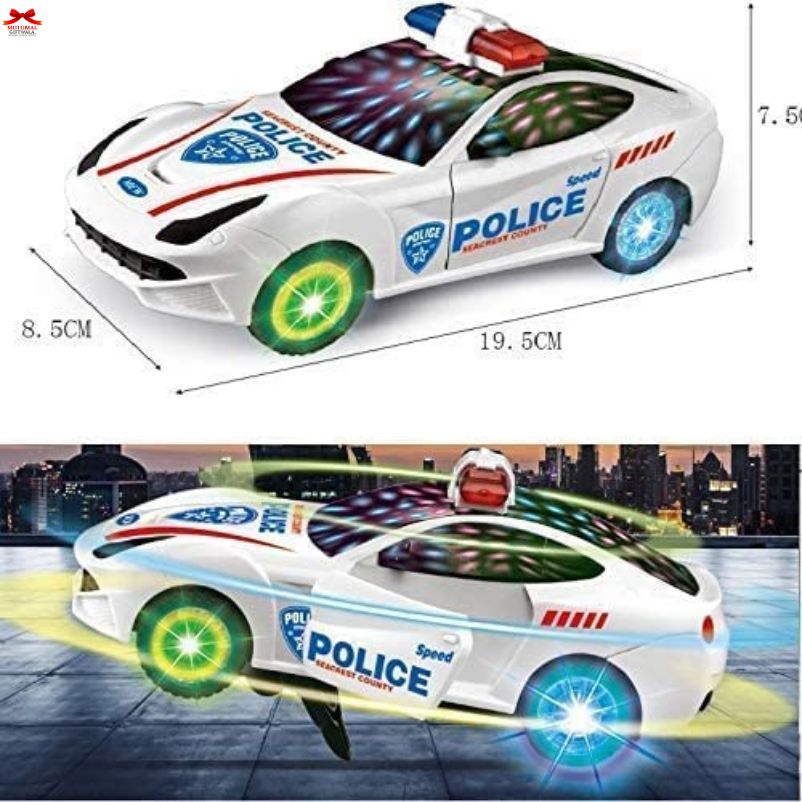 Toy police car with dimensions and cityscape background
