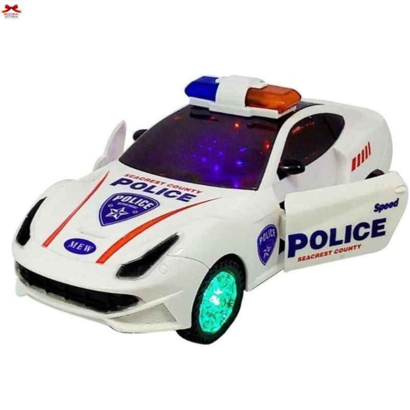 Toy police car with colorful lights on a white background