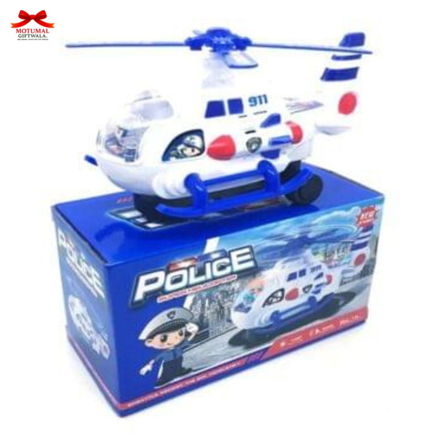 Toy police helicopter with box on a white background