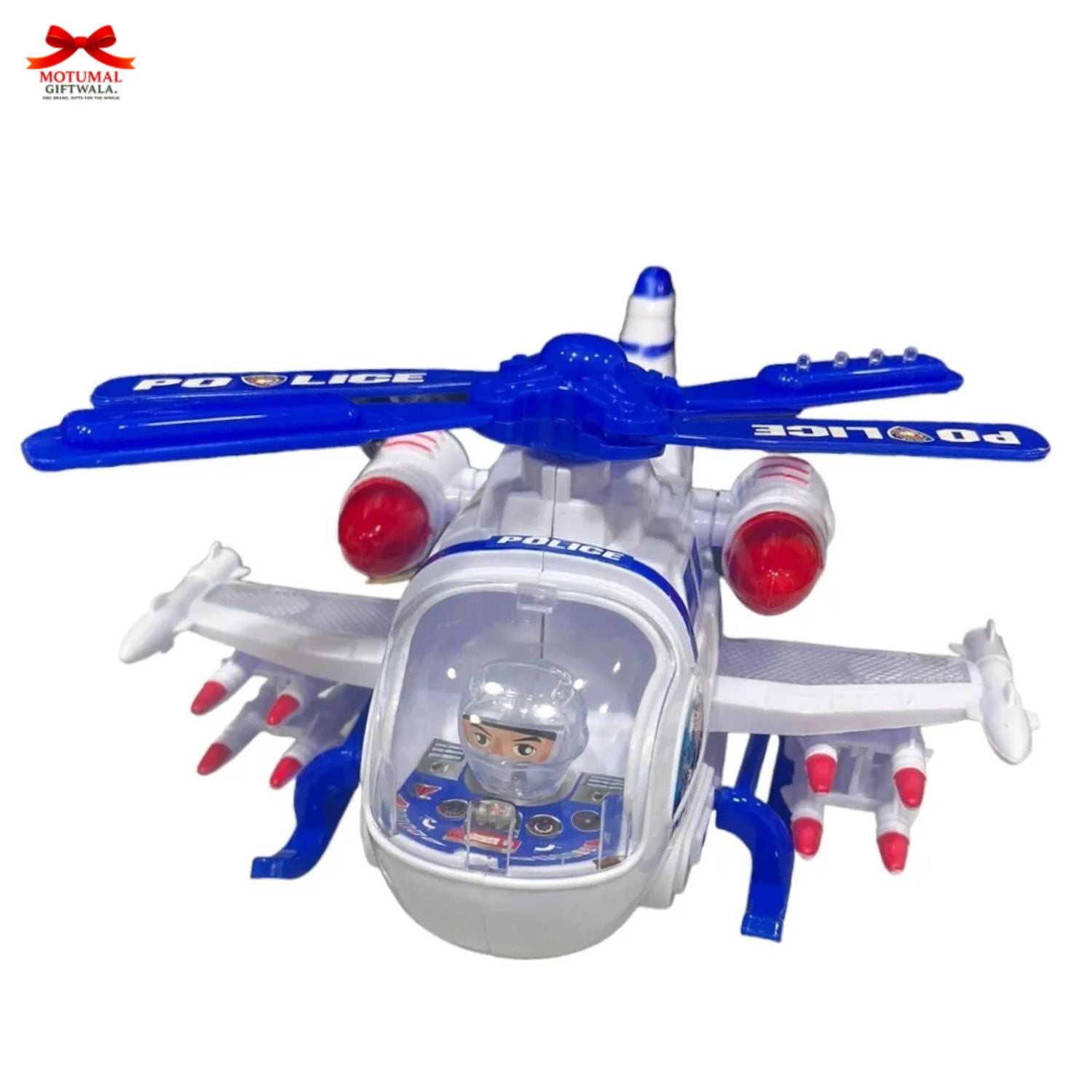 Toy police helicopter with blue and red accents on a white background