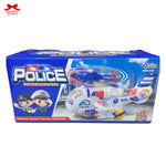 Toy helicopter packaging with police theme on a white background