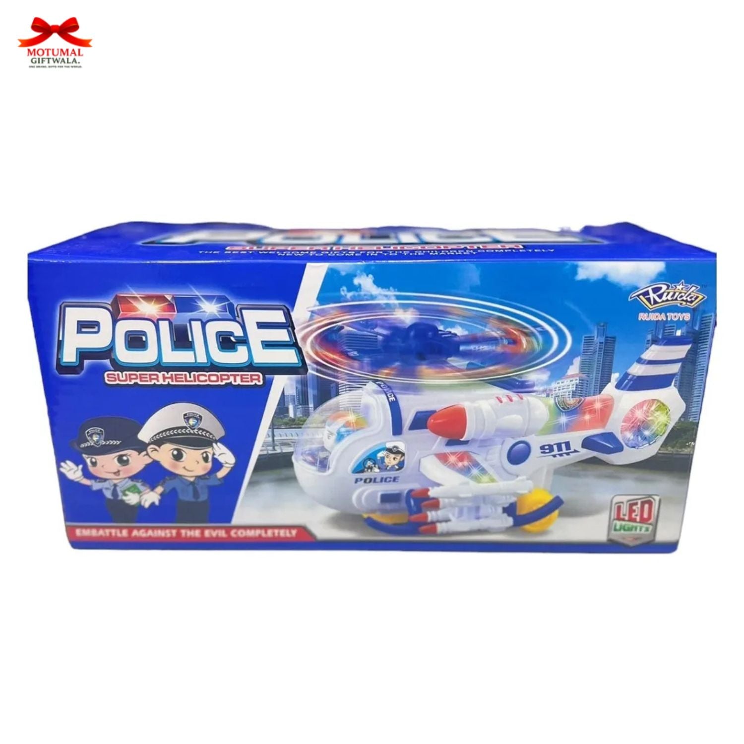 Toy helicopter packaging with police theme on a white background