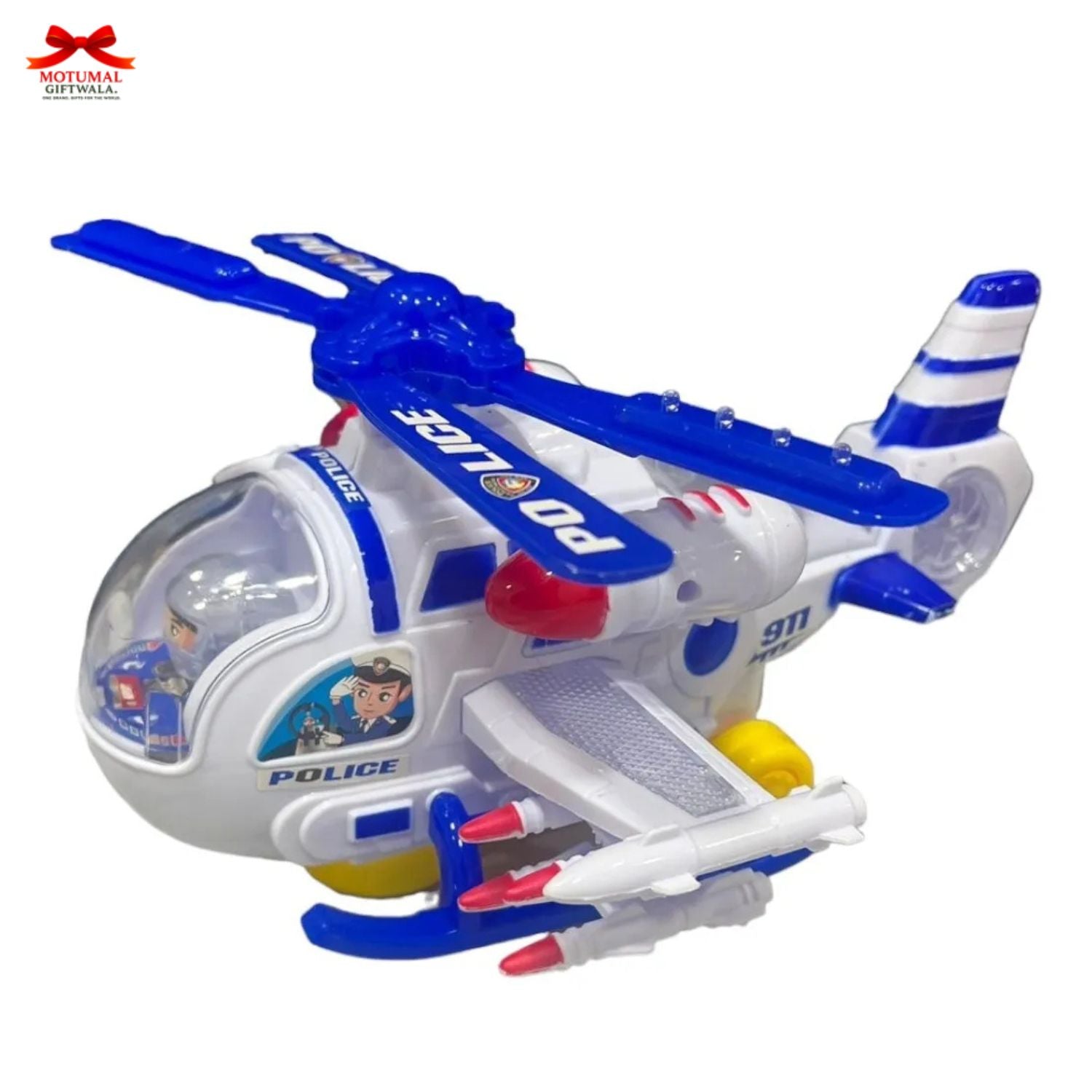 Toy police helicopter with blue and white colors on a white background