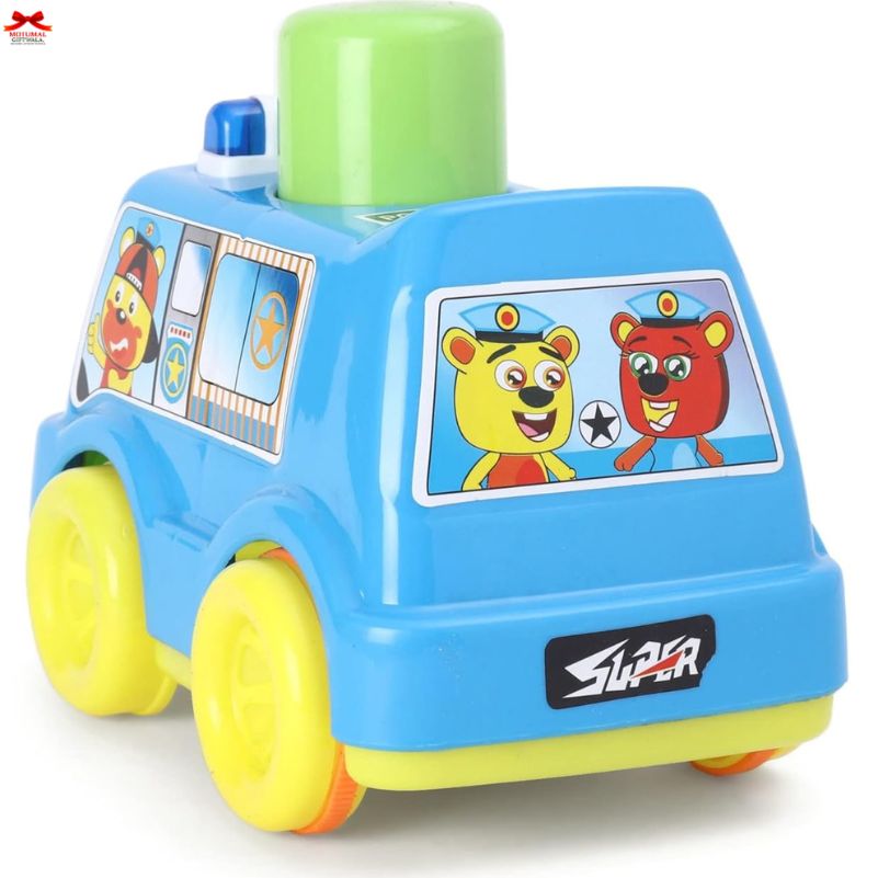 Toy vehicle with cartoon characters on a white background