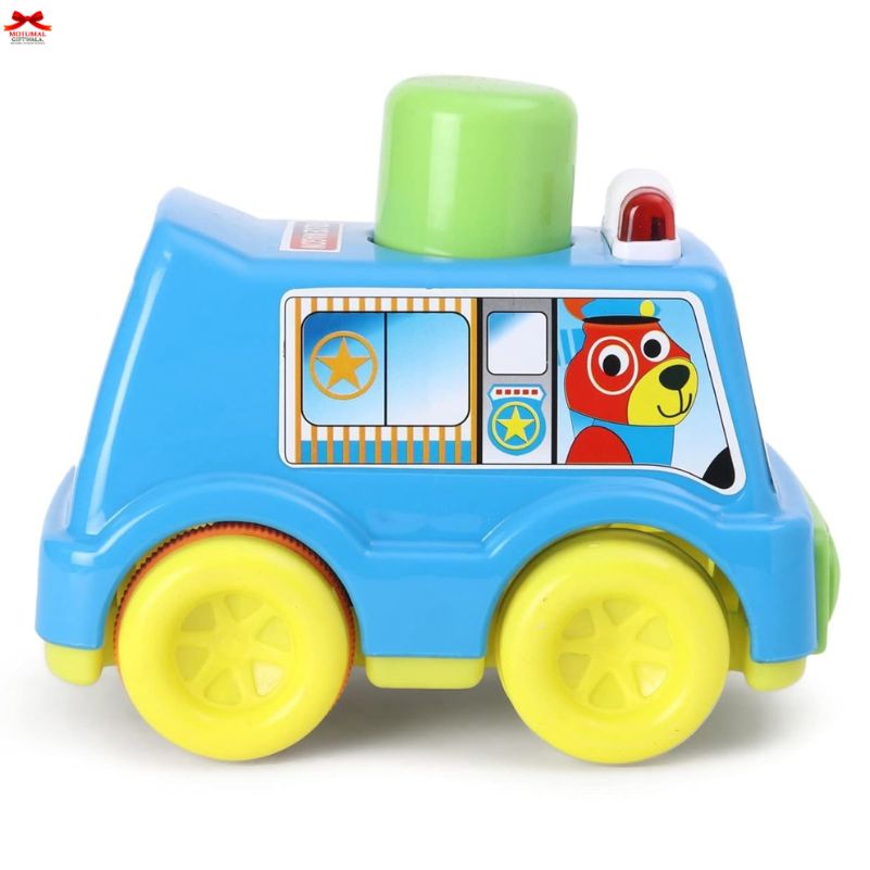 Colorful toy vehicle with a cartoon character on a white background
