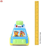 Toy police car with cartoon characters on a white background, next to a ruler for size reference.