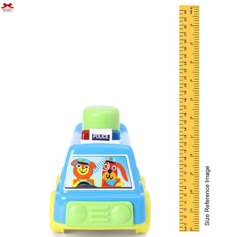 Toy police car with cartoon characters on a white background, next to a ruler for size reference.