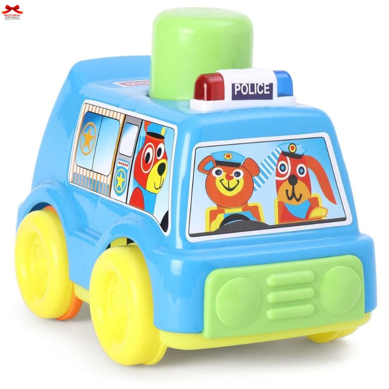 Toy police car with colorful design on a white background