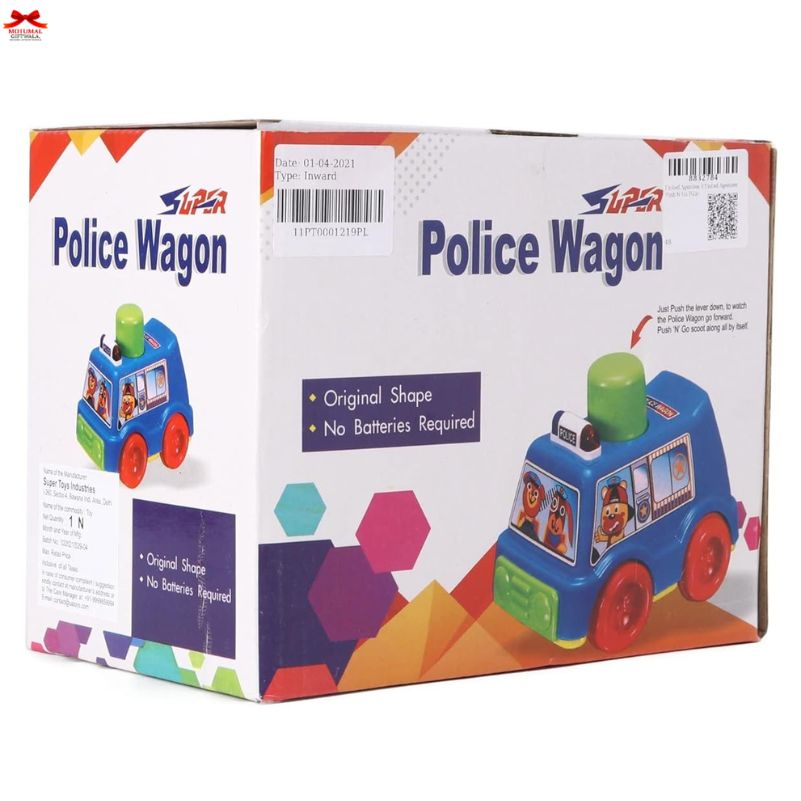 Box of a toy police wagon with colorful design and branding.