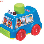 Colorful toy police car with cartoon characters on a white background