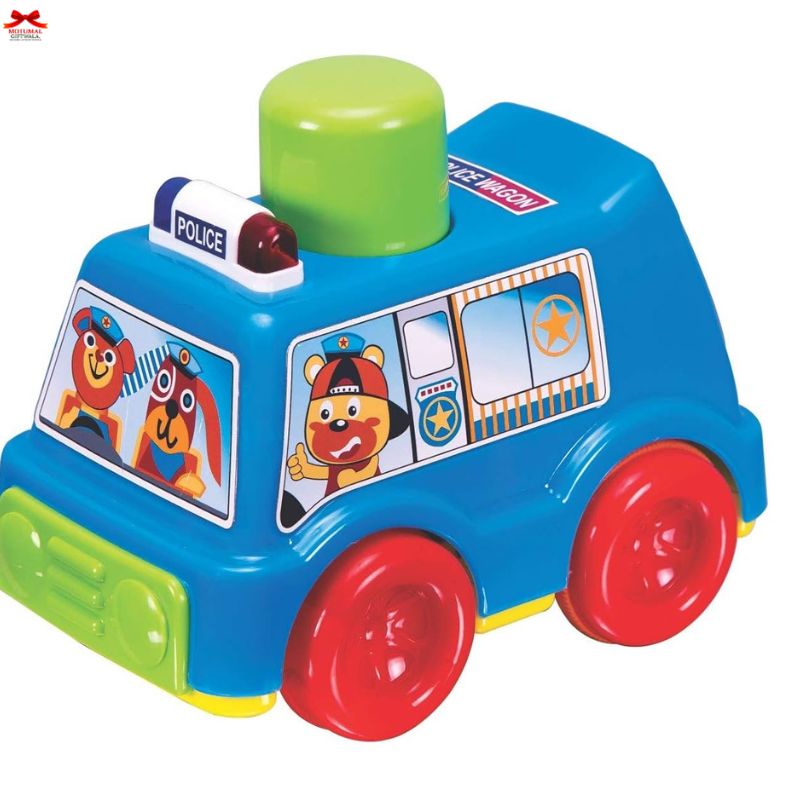 Colorful toy police car with cartoon characters on a white background