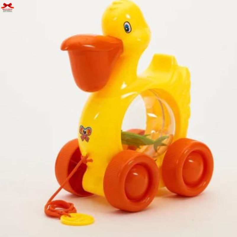 Yellow and orange toy duck with wheels on a white background