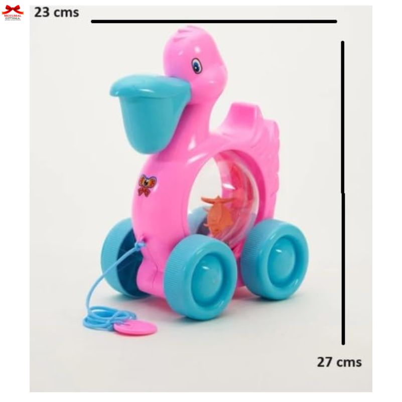 Pink flamingo toy with wheels on a white background