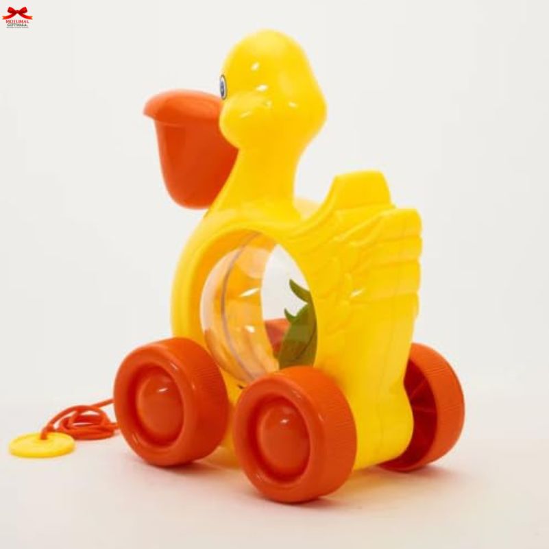 Yellow duck-shaped toy with orange wheels on a white background