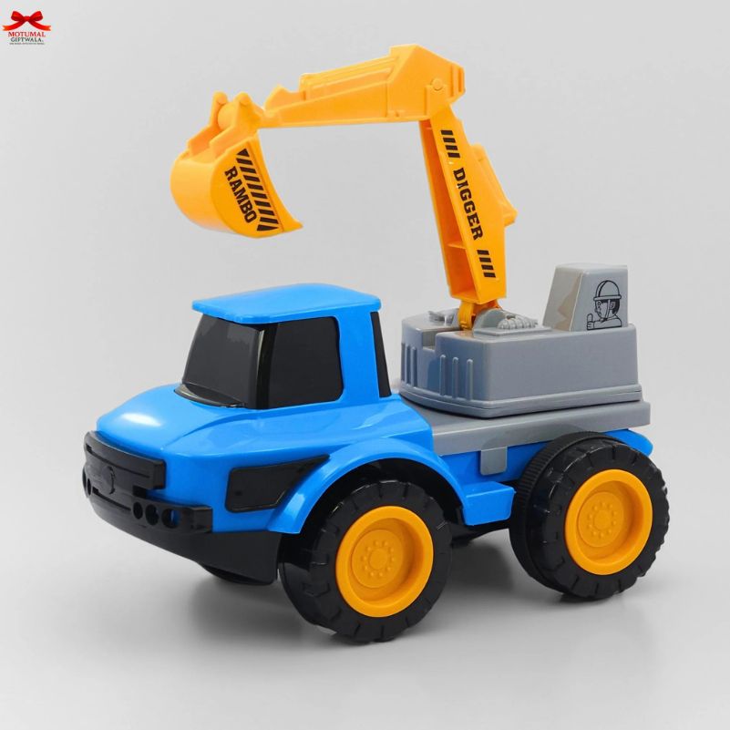 Toy construction vehicle with blue body, yellow crane, and black wheels on a gray background