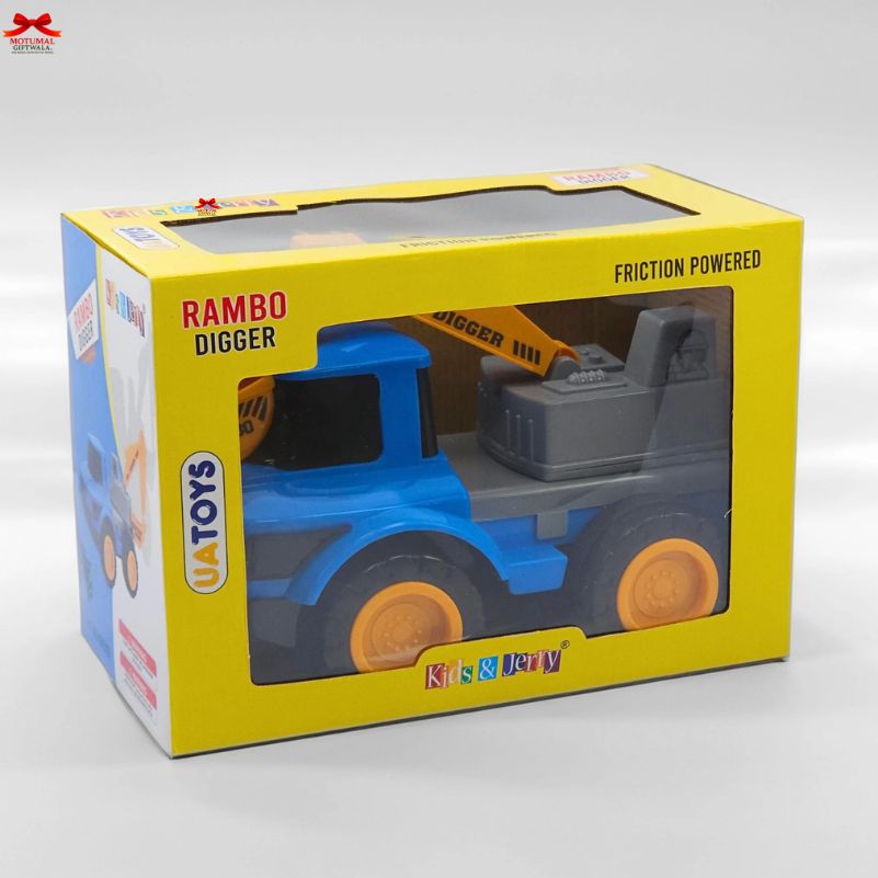 Toy digger packaging with visible branding on a gray background