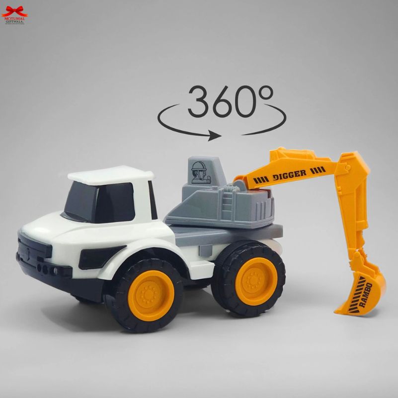 Toy digger with a 360-degree rotation symbol on a gray background