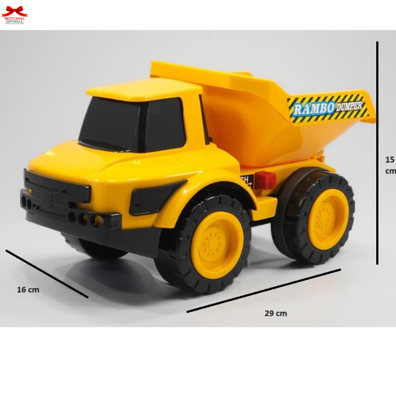 Yellow toy dump truck with dimensions on a gray background