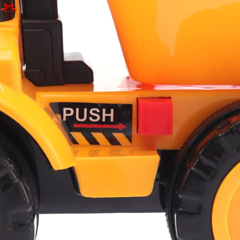 Toy dump truck with 'PUSH' label on a white background