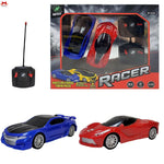Two toy cars, one blue and one red, with a remote control and their packaging displaying 'Skiddz Racer' branding.