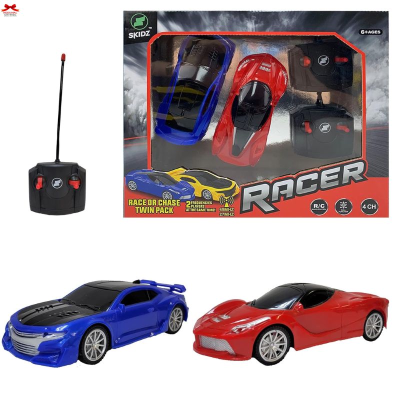 Two toy cars, one blue and one red, with a remote control and their packaging displaying 'Skiddz Racer' branding.
