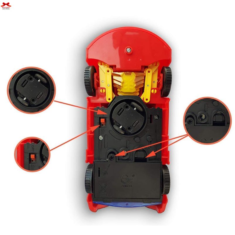 Red toy car with disassembled parts on a white background