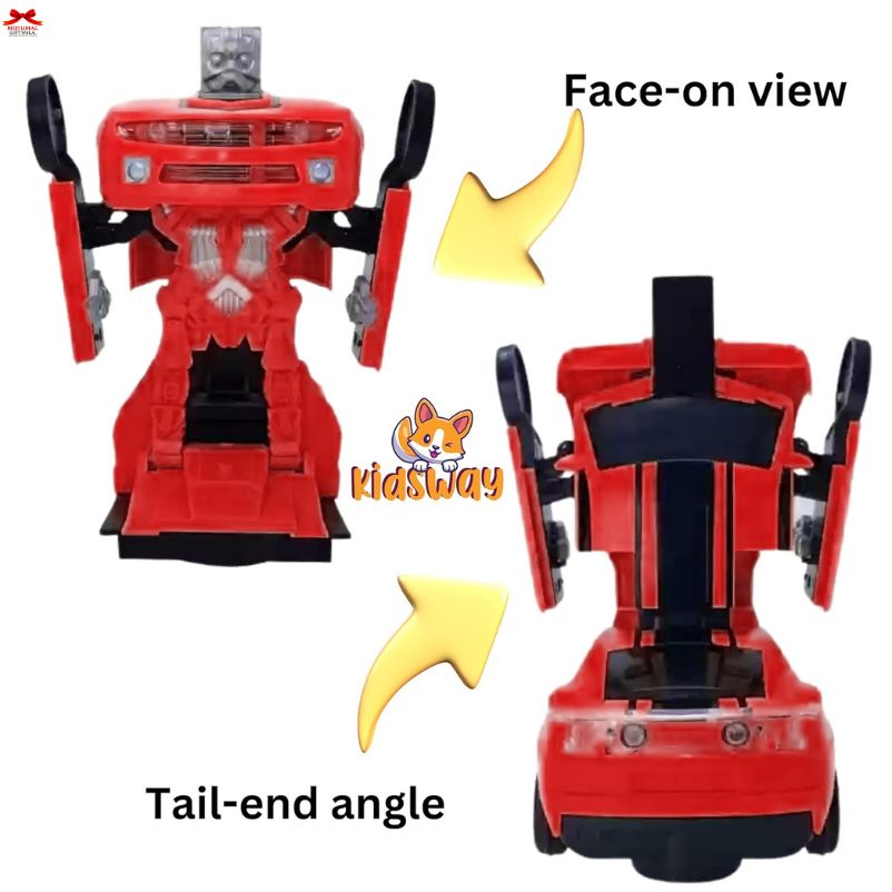 Red toy robot with labeled views and 'Kidsway' branding.