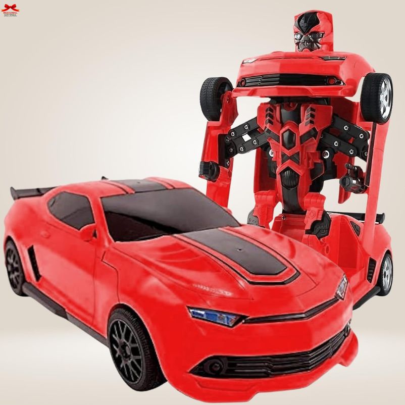 Red toy car transforming into a robot on a beige background