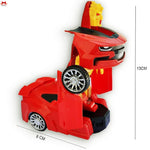 Red toy car with a lion head design on a white background