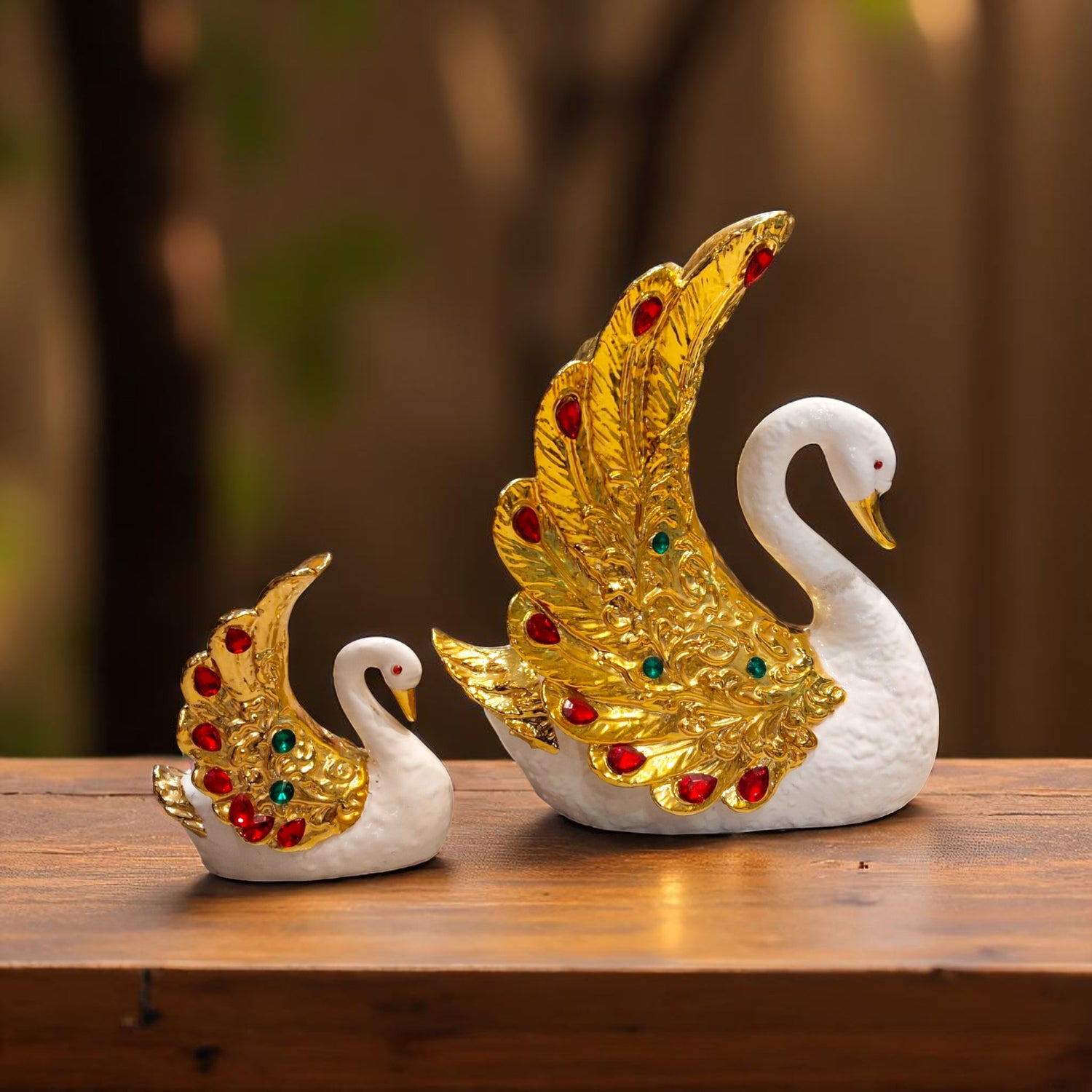 Rear view highlighting detailed wing patterns on swan showpiece