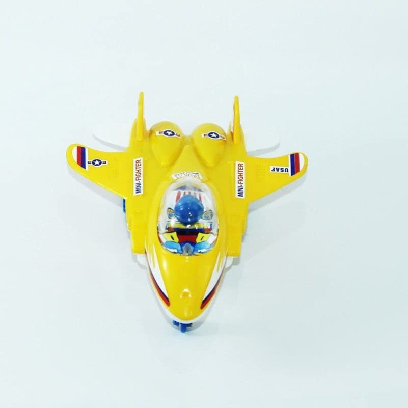 Yellow toy airplane with a blue sphere inside on a white background