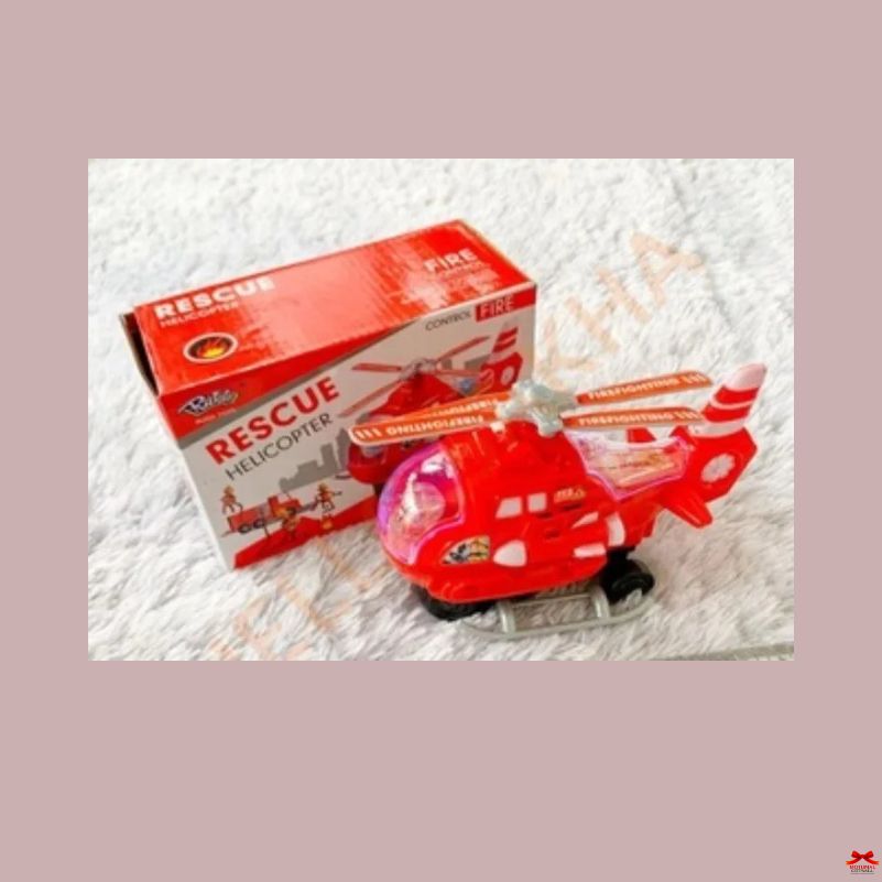 Red toy helicopter with 'Rescue' text next to its box on a textured surface.