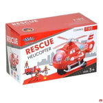 Box of a toy rescue helicopter with red and white design on a white background